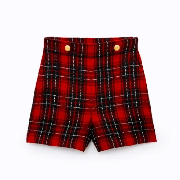 Zara Red Plaid Wool Blend Gold metallic Buttoned Shorts